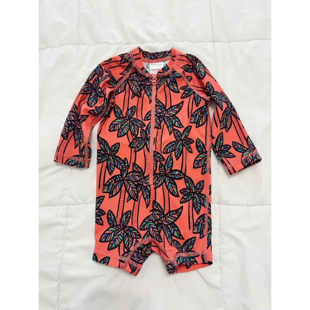 Hanna Andersson Baby Rash Guard Swimsuit 6-12M Coral Tropical Palm Print